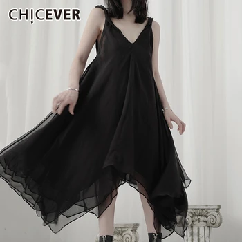 

CHICEVER Patchwork Mesh Dress For Women V Neck Sleeveless Sling Asymmetric Loose Casual Midi Summer Dresses Female 2020 New