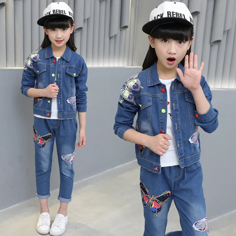 

Children's clothing butterfly print new girls clothes denim set spring and autumn children's cowboy leisure jean suit