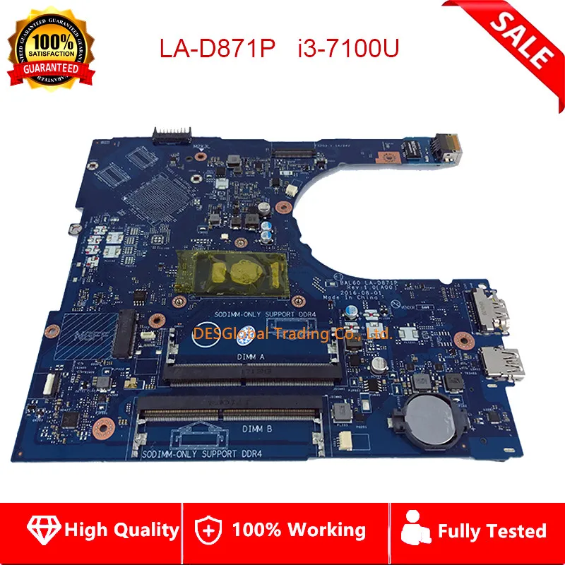 low cost  BAL60 LA-D871P For DELL inspiron 14 5468 5468D 5566 Laptop Mainboard Motherboard SR2ZW i3-7100U CPU