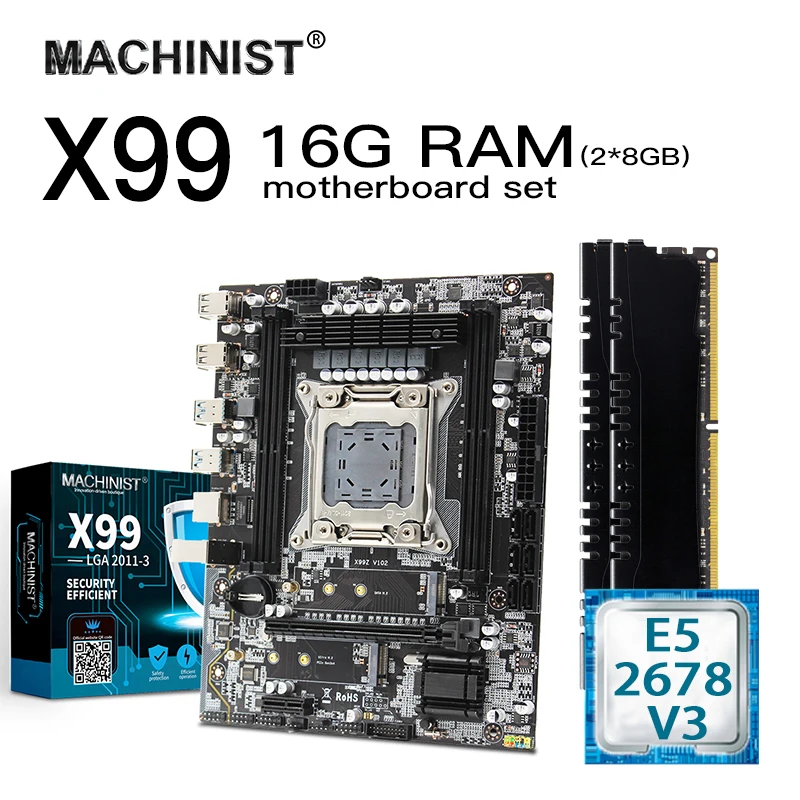 ^Cheap X99 motherboard set kit with Intel Xeon E5 2678 V3 LGA 2011-3 CPU 2*8GB（16GB） 2400MHz DDR4 ECC REG memory RAM MATX NVME M.2 SSD