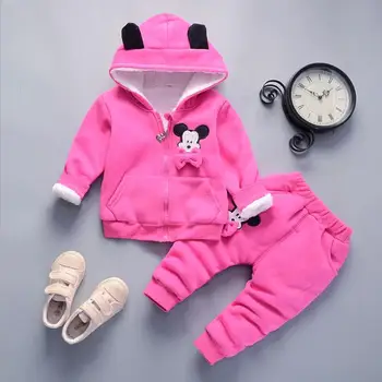 

Autumn baby girls and children's set new 1 23 4 year old baby plush thickened bow print bear pattern warm two piece set winter