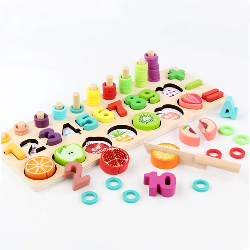 

CHILDREN'S Early Education Multi-functional Wooden Numbers Board Three-in-One Fruit Cut with Numbers Shape Matching Building Blo