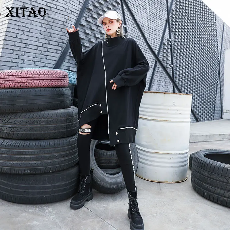

XITAO Black Irregular T Shirt Women Fashion New Plus Size Elegant Pullover Elegant Striped Casual Small Fresh Loose Tee GCC2124
