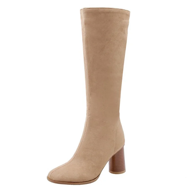 

KALENMOS Women Knee High Boots Roud Heels Autumn Winter Warm Shoes Ladies Fashion Zipper High Heels Long Boots Plus Size 34-46