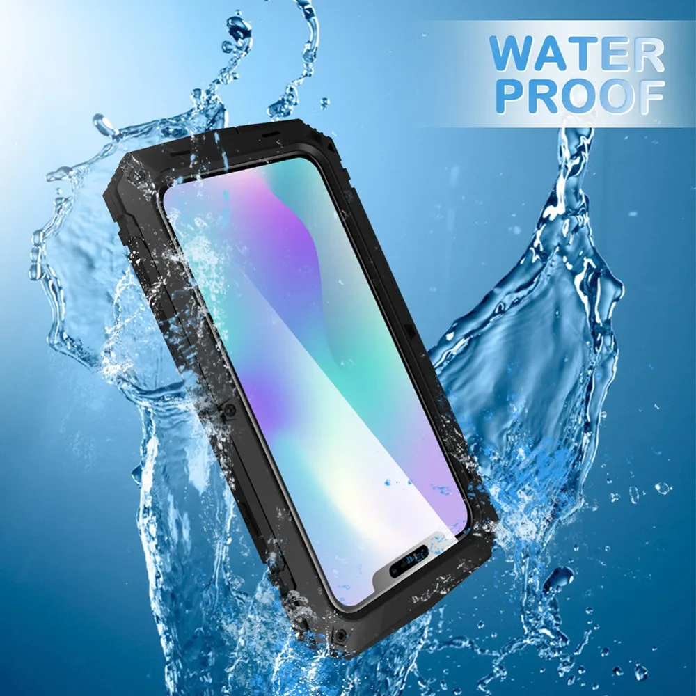 For iPhone 11 Pro Max XS XR XS Max X Metal Aluminum Armor Shockproof Heavy Duty Waterproof Case protective Cover+Tempered glass (6)