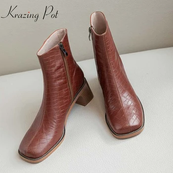 

krazing pot 2020 genuine leather square toe streetwear high heels winter keep warm zipper British school Chelsea ankle boots l01