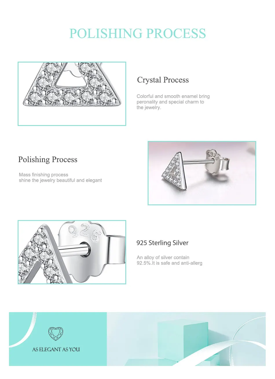 Мода 925 пробы серебро сверкающий треугольники серьги-гвоздики для Для женщин девочек кубического циркония ювелирные изделия, серьги подарок