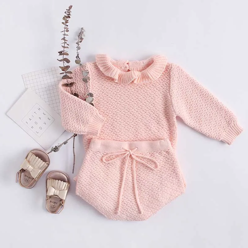 

Autumn Pink Knitted Suits Baby Kids Clothes Sets Sweater Girls Sets Ruffles Long Sleeve Sweater+PP Short Kids Suits