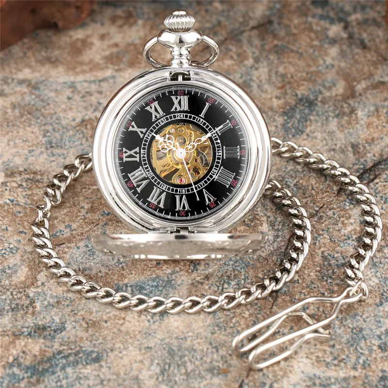 Silver Hollow Case Roman Numeral Dial Pocket Watch Men Women Hand Wind Mechanical Pocket Watches Skeleton Clock Pendant Chain
