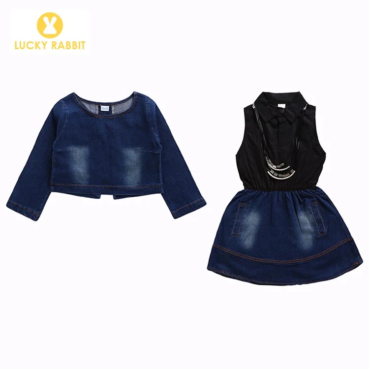 Fall Fashion Cowgirl Children Dress Suits Denim Girls Cowboy Matching Petite Dress And Long Sleeve Denim Top Set
