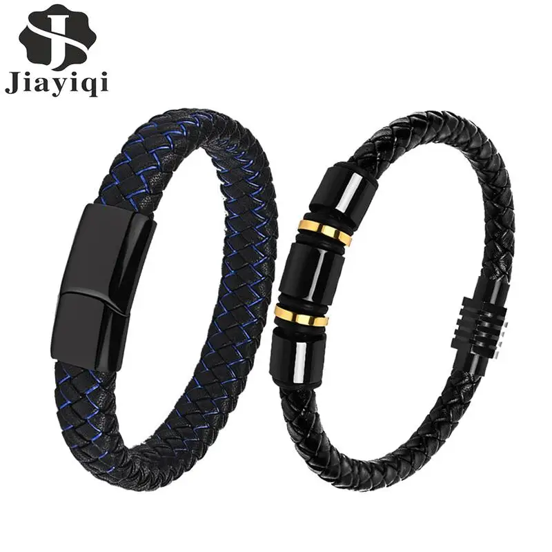 Мужской кожаный браслет с магнитной застежкой из нержавеющей стали | Украшения и