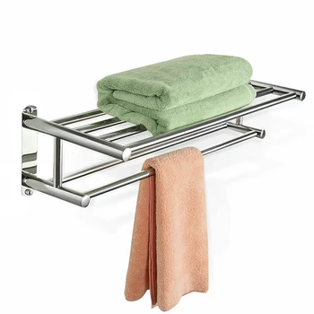 

Wall Mounted Dual Row Towel Rack Stainless Steel Rail Holder Storage Shelf Bathroom Ideal To Hotel Hang Clothes Towel