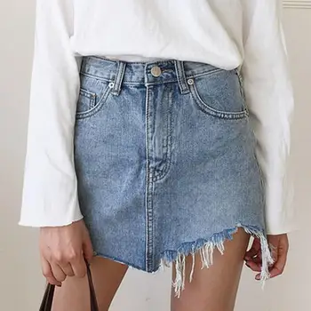 

ZITY Summer Jeans Skirt Women Irregular Brushed Hem Denim High Waist Skirts Female Vintage Casual Washed Pencil Mini Skirt