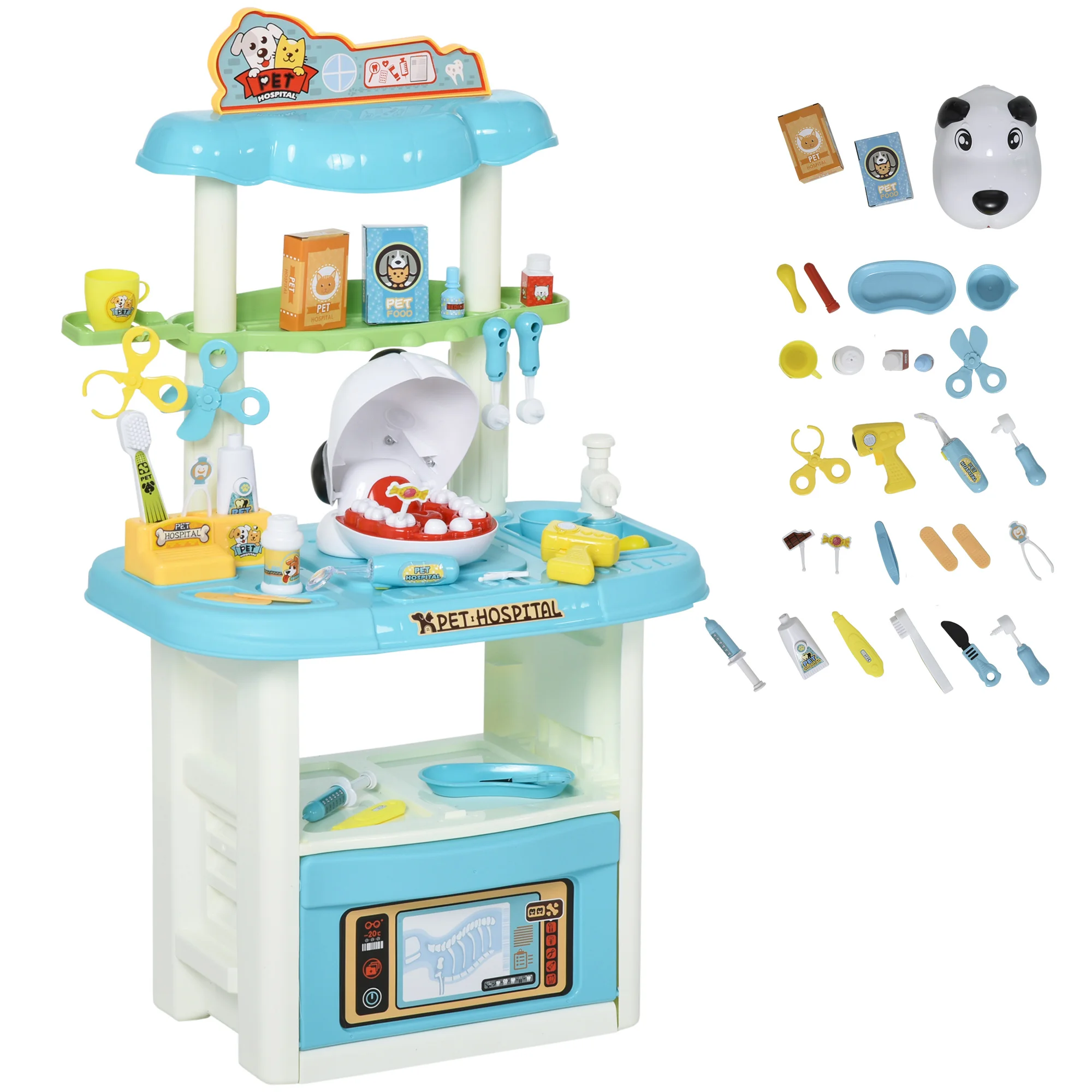 HOMCOM Centro Médico Dentista 43 Piezas Educativo Juego de Rol de Doctor para Niños de +3 Años con Herramientas 50x32x86 cm Azul