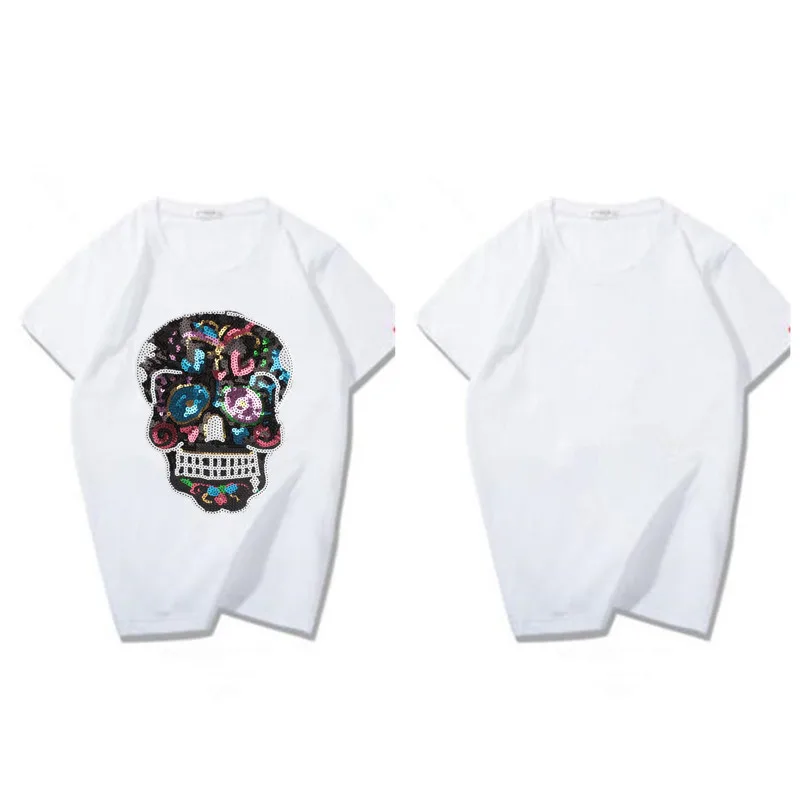 Biker Patches for clothing T shirt 265mm Skull Flower Sequined Sequins T-shirt Womens Fashion Tops Shirt Womens Patch Clothes