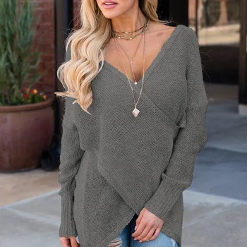 

Vicabo Fshion Clothes Women Long Sleeve Sexy V-neck Solid Color Top Lady Knitted Irregular Hem Casual Sweater Pullover Sweaters