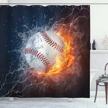 

Sports Decor Collection, Baseball Ball on Fire and Water Flame Splashing Thunder Lightning Creative Art, Polyester Fabric