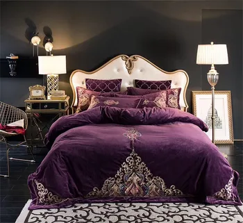 

Purple Red Blue Luxury Royal Embroidery Winter Thick Flannel Bedding Set Fleece Fabric Duvet Cover Bed sheet/Linen Pillowcases