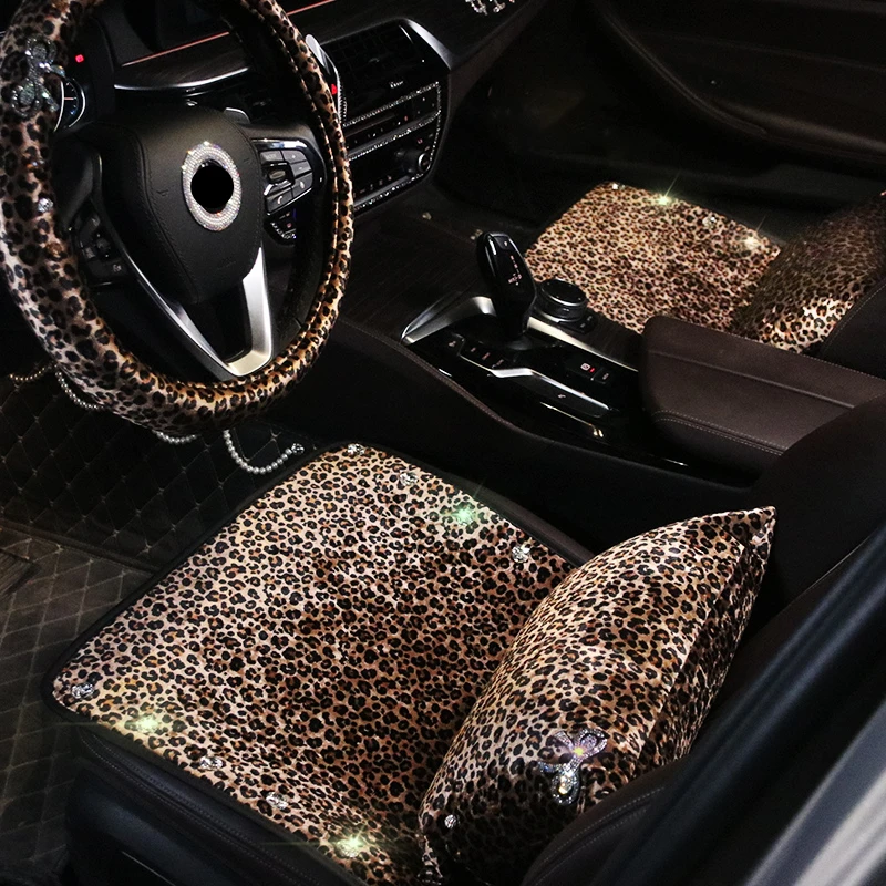 

winter short floss leopard print car Seat Cover bowknot design Cushion Mat headrest lumbar pillow gear handbrake steering wheel