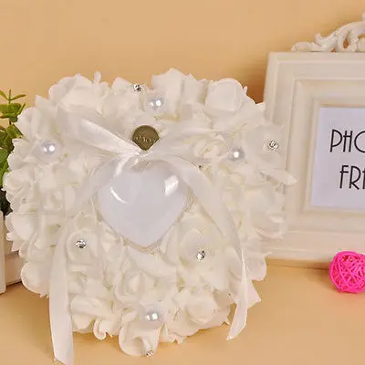 Ring bearer pillow romantic wedding ivory satin crystal heart shape for engagement propose marriage decor