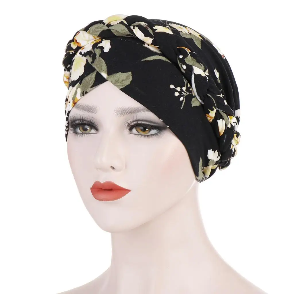 Для женщин тесьма с цветочным принтом рака мусульманский головной платок тюрбан шляпа тюрбан крышка Кепка chemo выпадения волос в этническом стиле шапка куполообразная - Цвет: Черный