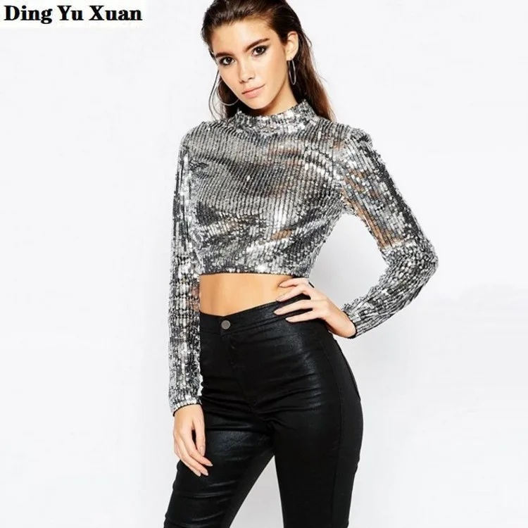 

Woman Silver Sequined Tshirts Long Sleeve O-neck Back Zipper Harajuku Crop Tops Women 2020 Sexy Club Femme T-shirts Sequin