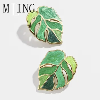 

MLING Vintage Gold Alloy Stud Earrings Newest Flower Leafs Enamel Green Plant Earrings for Women