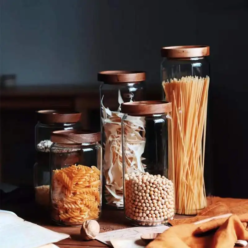 밀폐 식품 보관 항아리, 목재 뚜껑 유리 밀폐 용기, 차 커피 원두 주방 보관 병, 항아리 밀폐 그라운드 캔디 항아리
