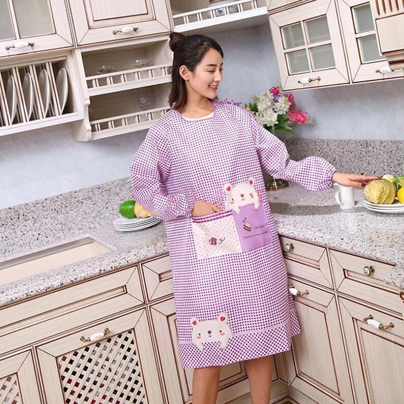 Women Kitchen Cooking Apron Long-sleeved Apron Oil-proof Waterproof Gown Adult Home Cleaning Overalls With Pockets
