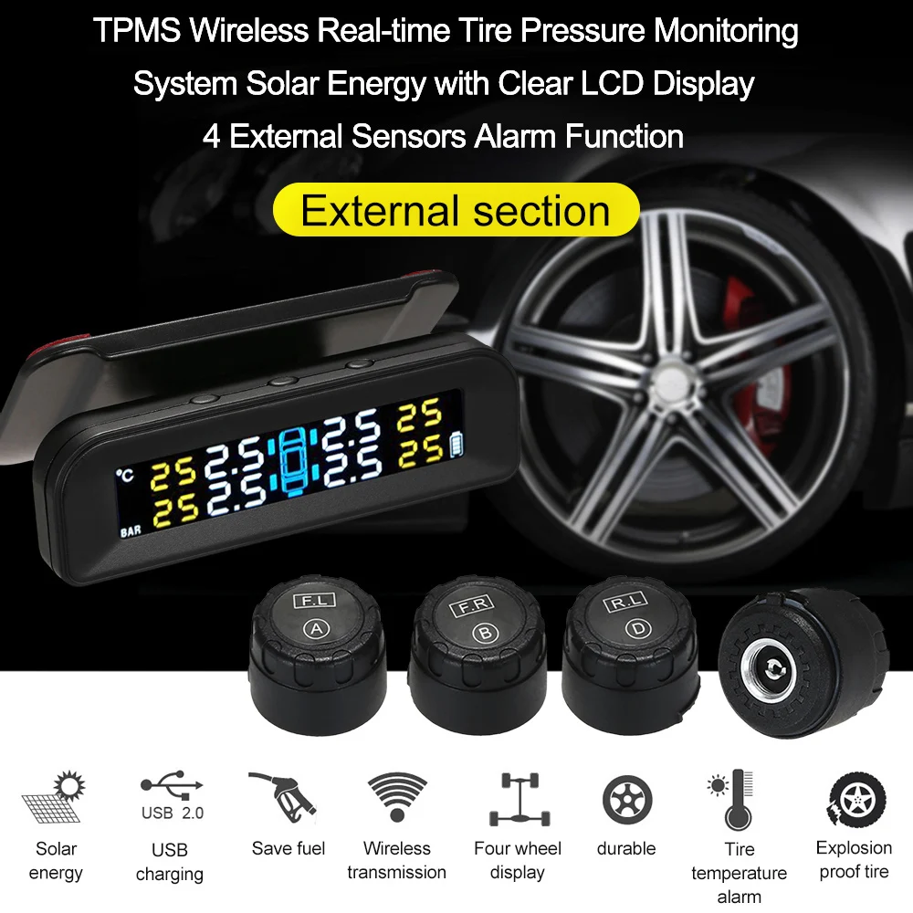 KKMOON TPMS система контроля давления в шинах 4 внутренних датчика функция сигнализации беспроводной солнечной энергии ЖК-дисплей