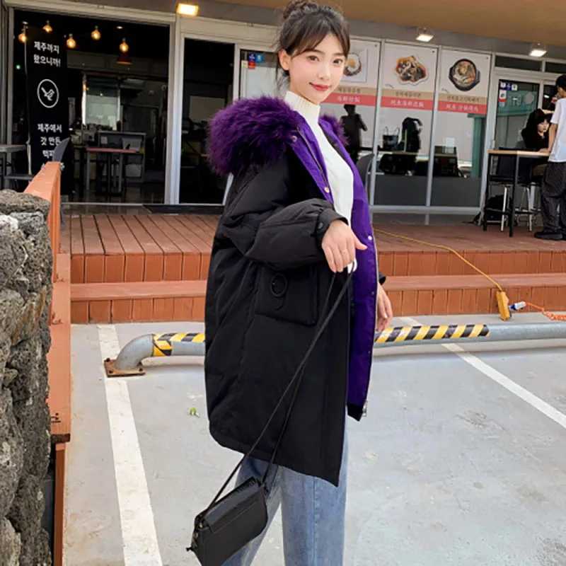 

2019 Cotton Jacket Women Winter New Casual Warm Long-sleeved Big Fur Female Outerwear Solid Office Lady Medium Long Cotton Coat