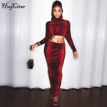 

Hugcitar 2019 snake print high neck long sleeve crop tops long skirt 2 pieces set autumn winter women streetwear party outfits