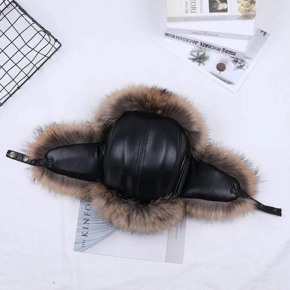 Winter Men's Real Silver Fox Fur Bomber Hat Raccoon Fur Ushanka Cap Trapper Russian Man Ski Hats Caps Real Leather winter hat fur hat