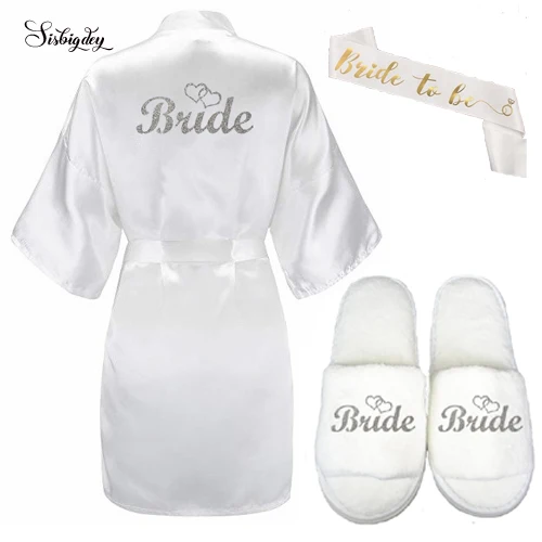 

New 3pc set of glitter silver bride robe satin short robe women slippers bridal sash peignoir wedding Party 2019 kimono robes