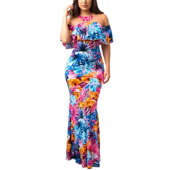 

Holievery Printing Floral Bohemian Bridesmaid Dresses In Stock Beach Women Dress with Ruffles Off Shoulder Maxi Gown