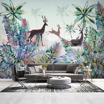 

3D Pastoral Tropical Plant Leaf Coconut Tree Elk Forest Landscape Photo Wall Painting Modern Living Room Bedroom Wallpaper Mural