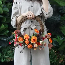JaneVini винтажный Шелковый свадебный цветок Венок корзина Свадебные букеты Оранжевый Розовый Белый розы искусственная желтая круглый букет невесты