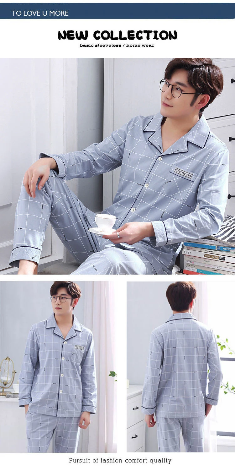 mens christmas pjs Men Sleepwear Pajamas Set for Men Casual Home Clothe Autumn Winter Nightwear Suit Full Sleeve Long Pants Striped Pyjamas Set cotton pyjama set