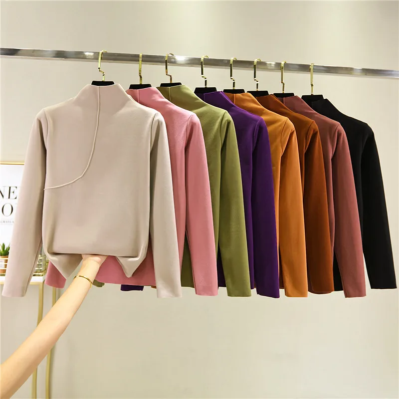 

2020 Autumn Winter Women Clothes T Shirt Turtleneck Thin Warm Fleece Lady Basic Top Solid Color Good Quality Body Woman Tshirts