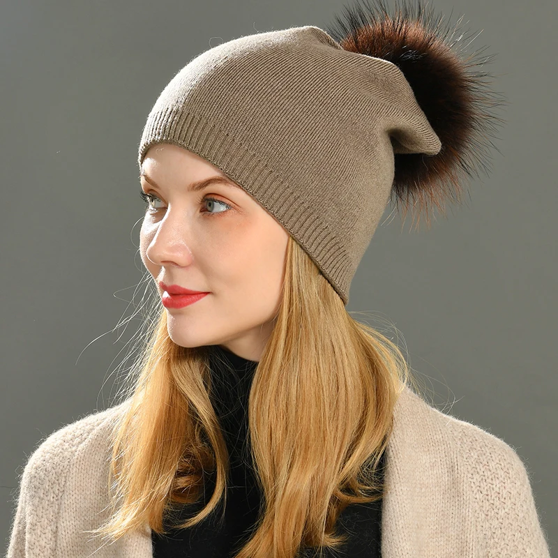 Wholesale Real Raccoon Fur Pom Pom Knitted Hat Women Beanies Cashmere Winter Hat Female Girl Cotton Skullies Wool Beanie Hat 3