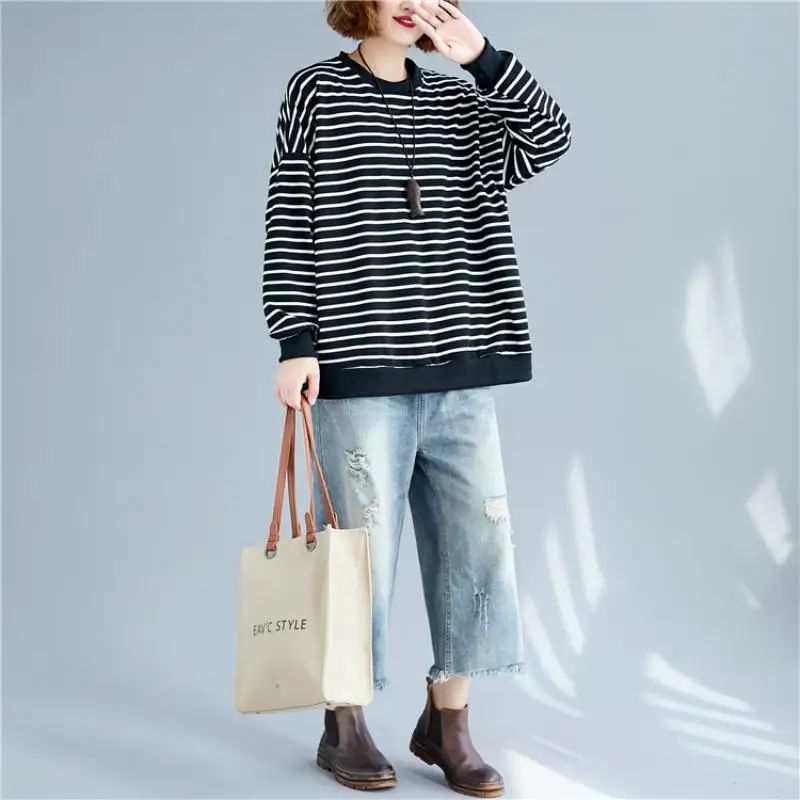  Plus Size Striped Autumn Sweatshirt Pullover Women Kpop Cotton Loose Oversized Hoodies Fashion Stre