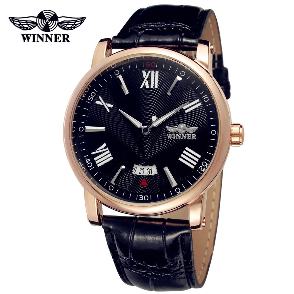 

WINNER Men Luxury Brand Causal Roman Numbers Leather Date Display Watch Automatic Mechanical Wristwatch Gift Box Relogio Releges