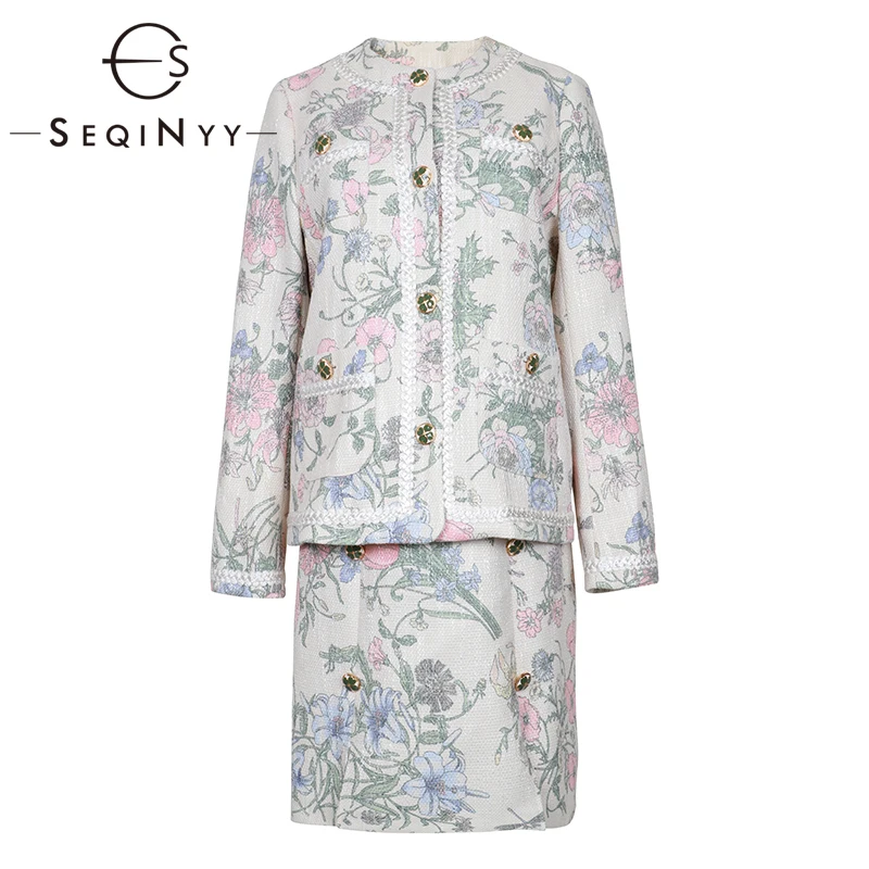 

SEQINYY Tweed Set 2020 Autumn Winter New Fashion Design Long Sleeve Button Jacket + Vest Mini Dress Flowers Printed Suit
