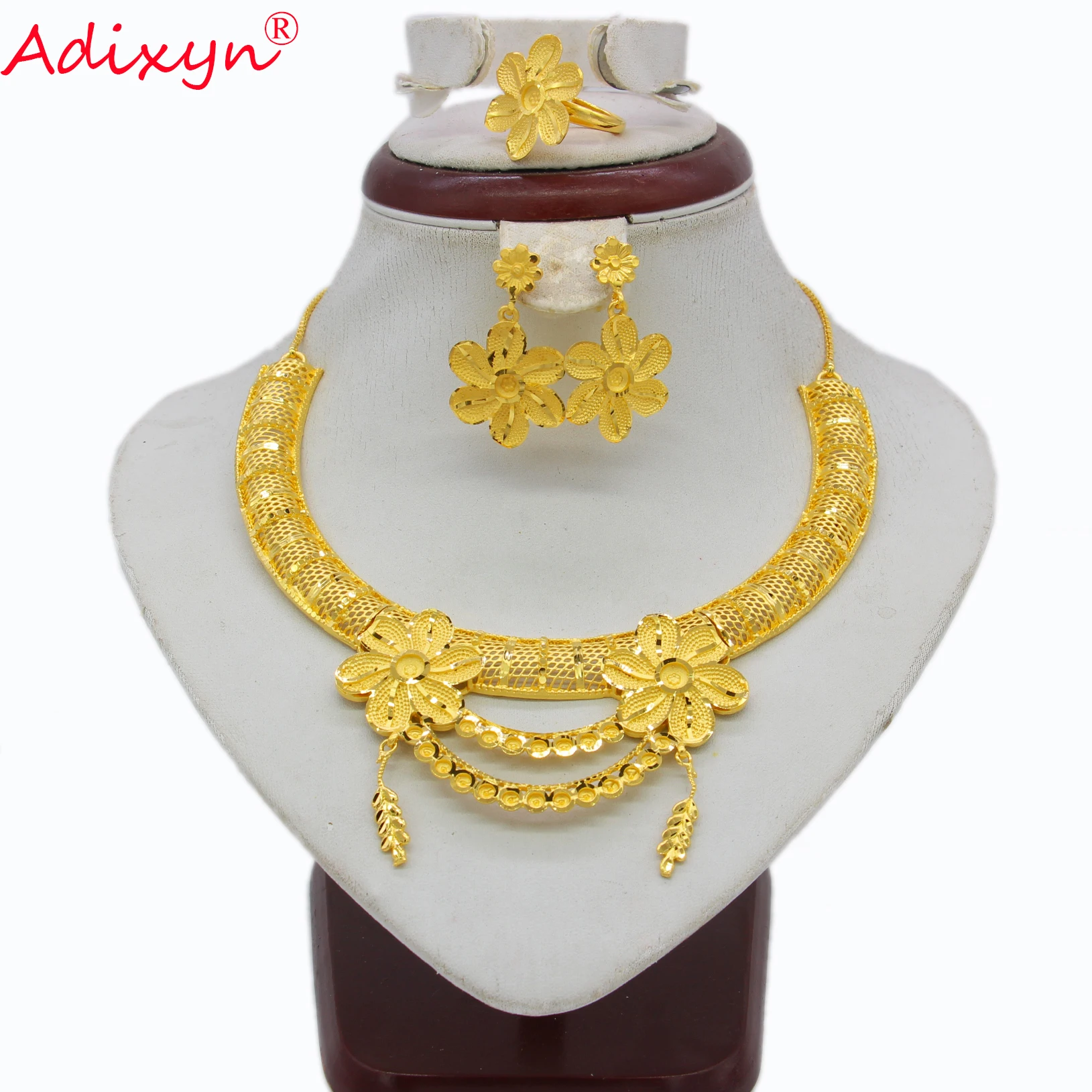 

Adixyn NEW Flower Shape Necklace Earrings Rings Wedding Women Jewelry set Gold Color African/Ethiopian/Dubai Party Gifts N11023