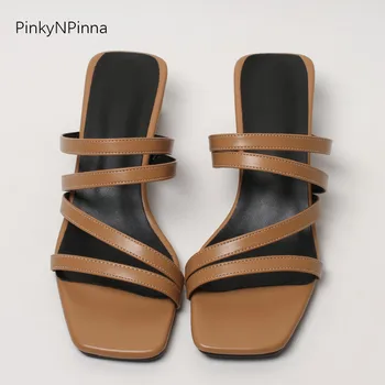 

classic fashion vintage women chunky high heels soft thin straps mules slip on pumps plus size summer office party casual shoes