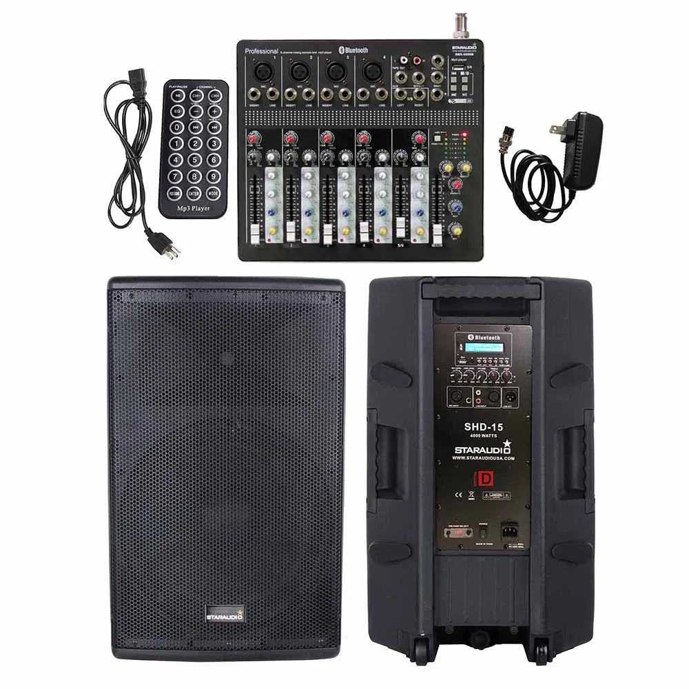

STARAUDIO 4000W 15" Powered PA Speaker Karaoke Party Active DJ Audio Stage Speaker 6 Channel Stage KTV BT USB MP3 Mixer SHD-15