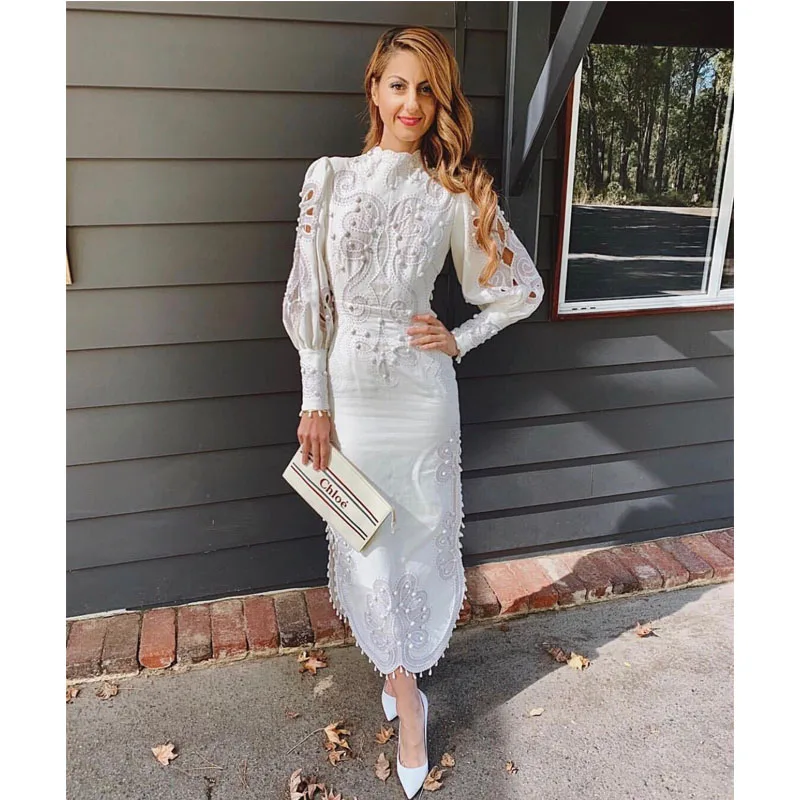 2019 autumn and winter high quality positioning embroidered long-sleeved dress three-dimensional decorative temperament elegant | Женская