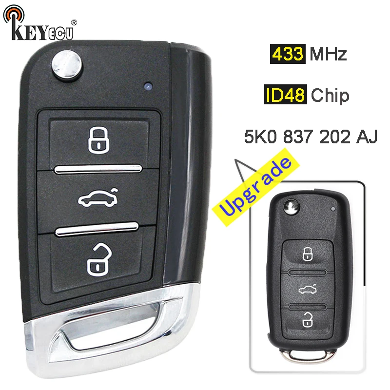 

KEYECU 434MHz ID48 Chip 5K0 837 202 AJ Upgraded Remote Key Fob 3 Button for VW Volkswagen Caddy Polo Transporter Beetle Jetta