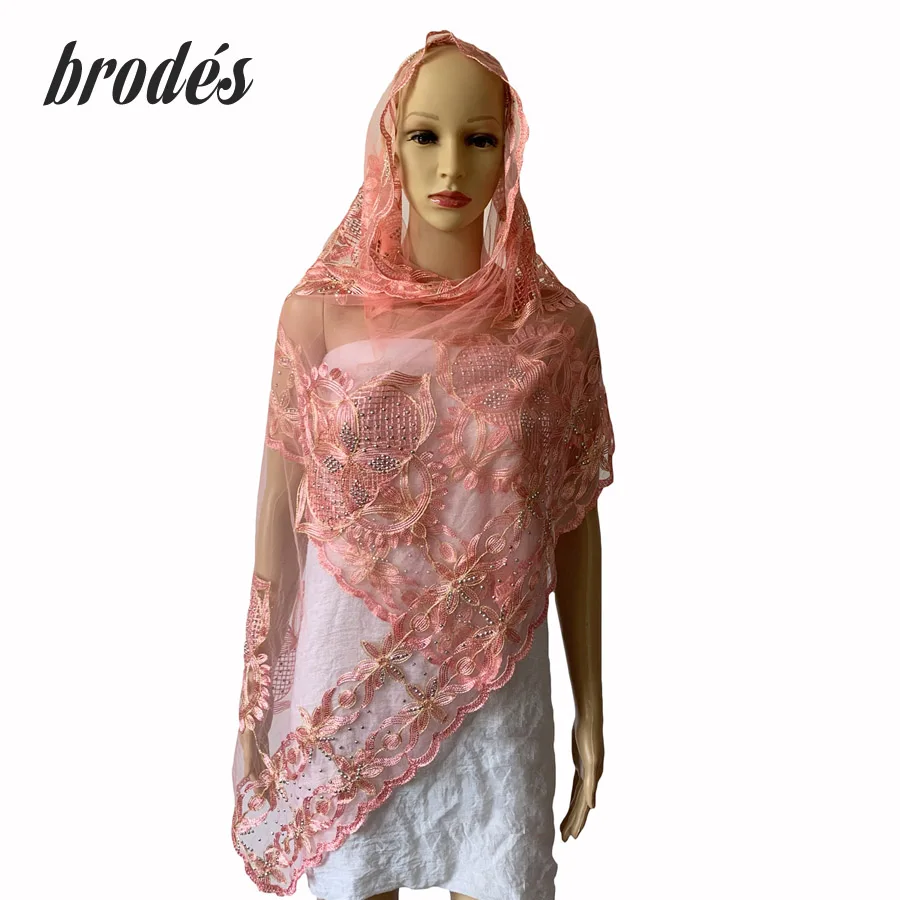 

New african scarfs muslim embroidery women Net Small Scarf with Beads small size tulle material soft scarf for shawls