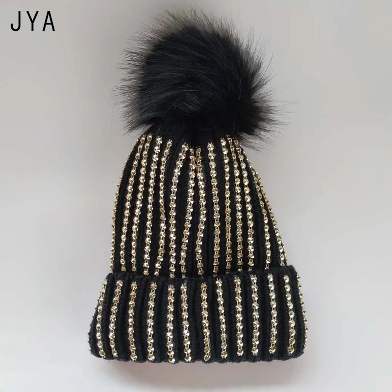 Высококачественные вязаные повседневные шапочки Skullies Beanies для женщин из искусственного меха с помпоном, однотонные осенние модные толстые кашемировые зимние шапки - Цвет: black
